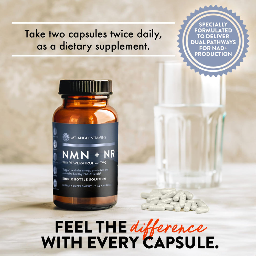 Mt. Angel Vitamins NMN NR wellness setup suggesting routine use