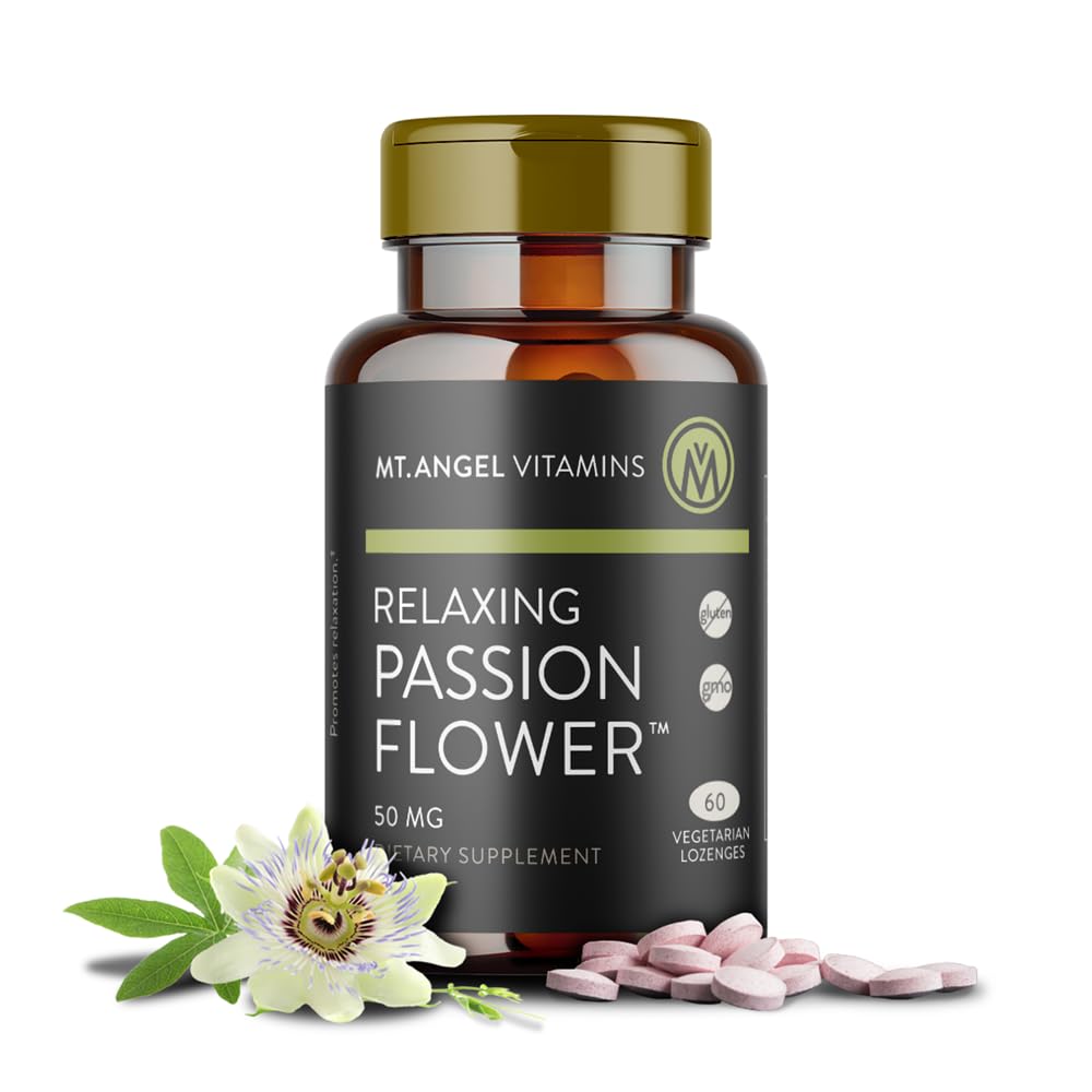 Mt. Angel Vitamins relaxing passion flower lozenge bottle on display promoting gentle relaxation.