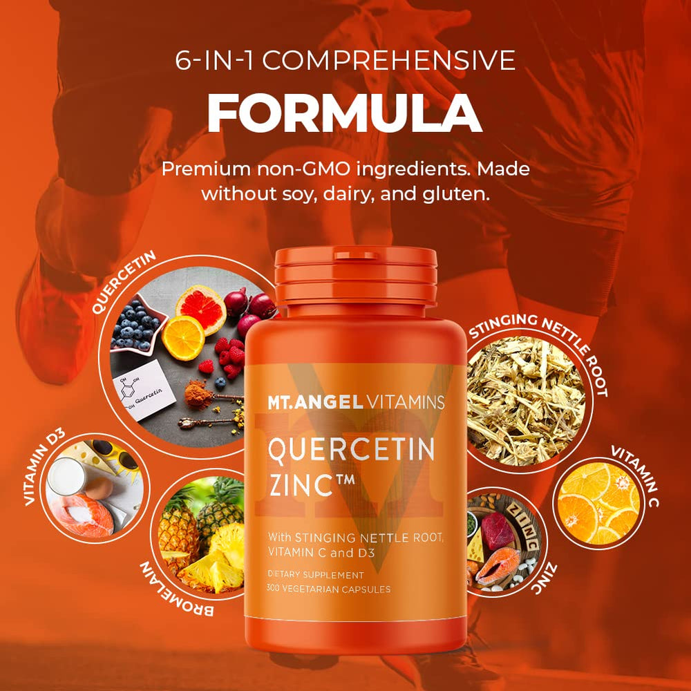Mt. Angel zinc quercetin bromelain capsules in a glass dish