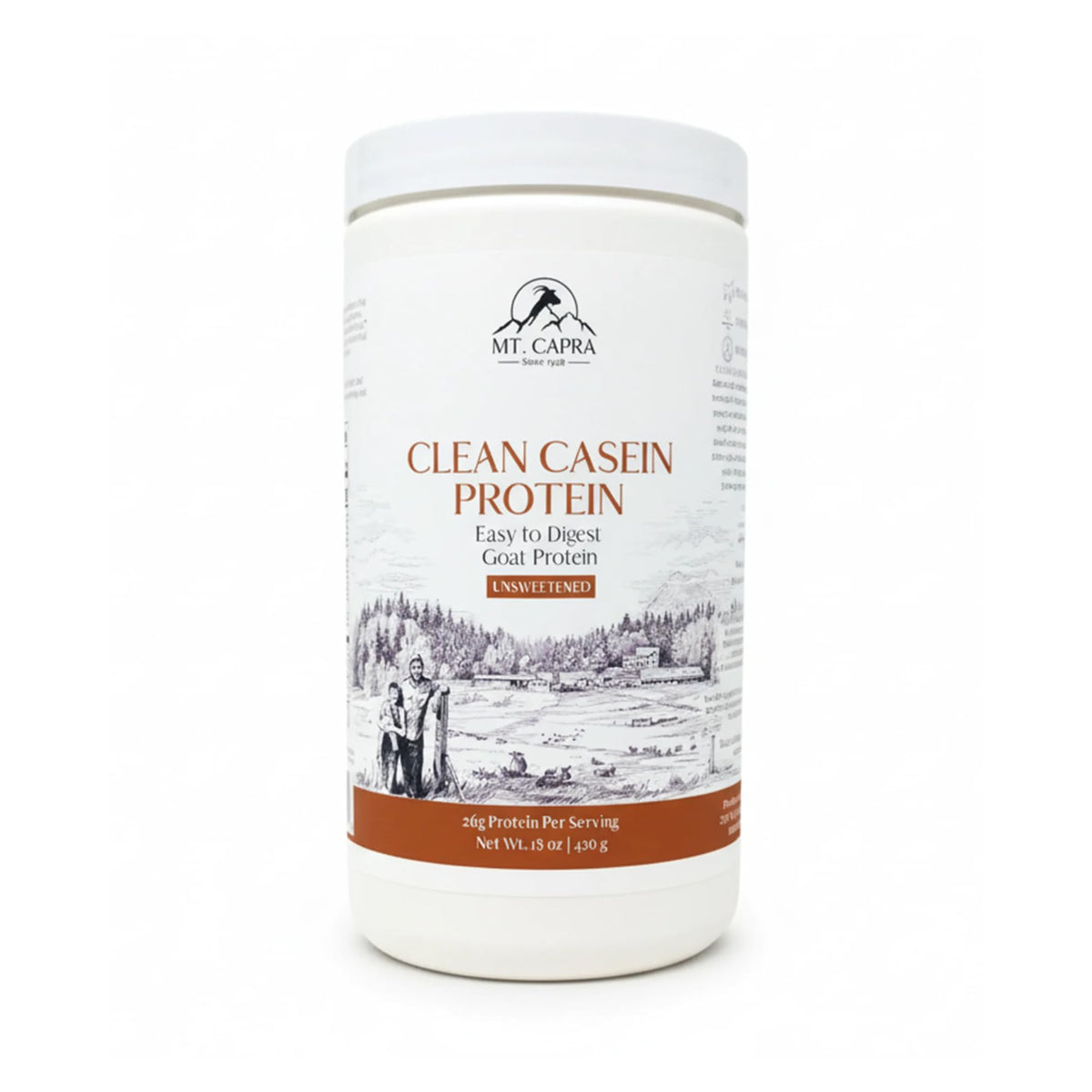 Mt. Capra Clean Casein bottle front for slow-digesting protein