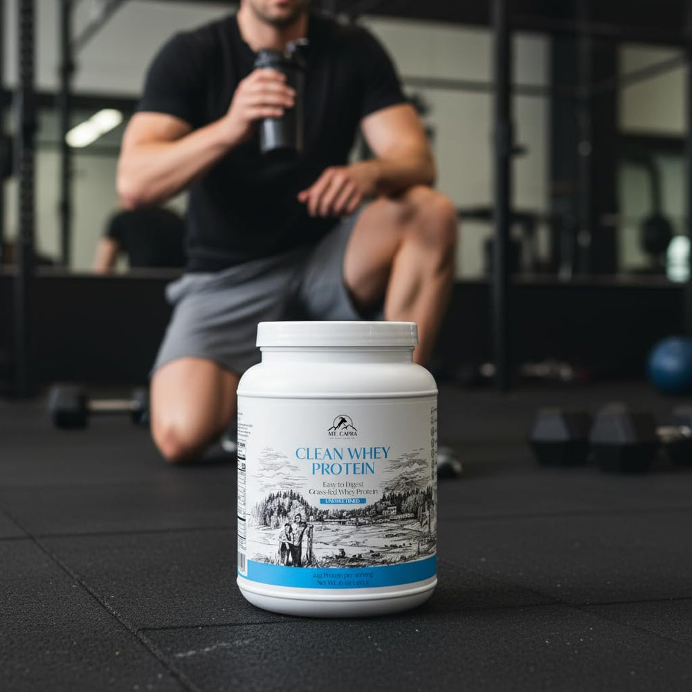 Mt. Capra Clean Whey nutrition panel shows 24 g protein.