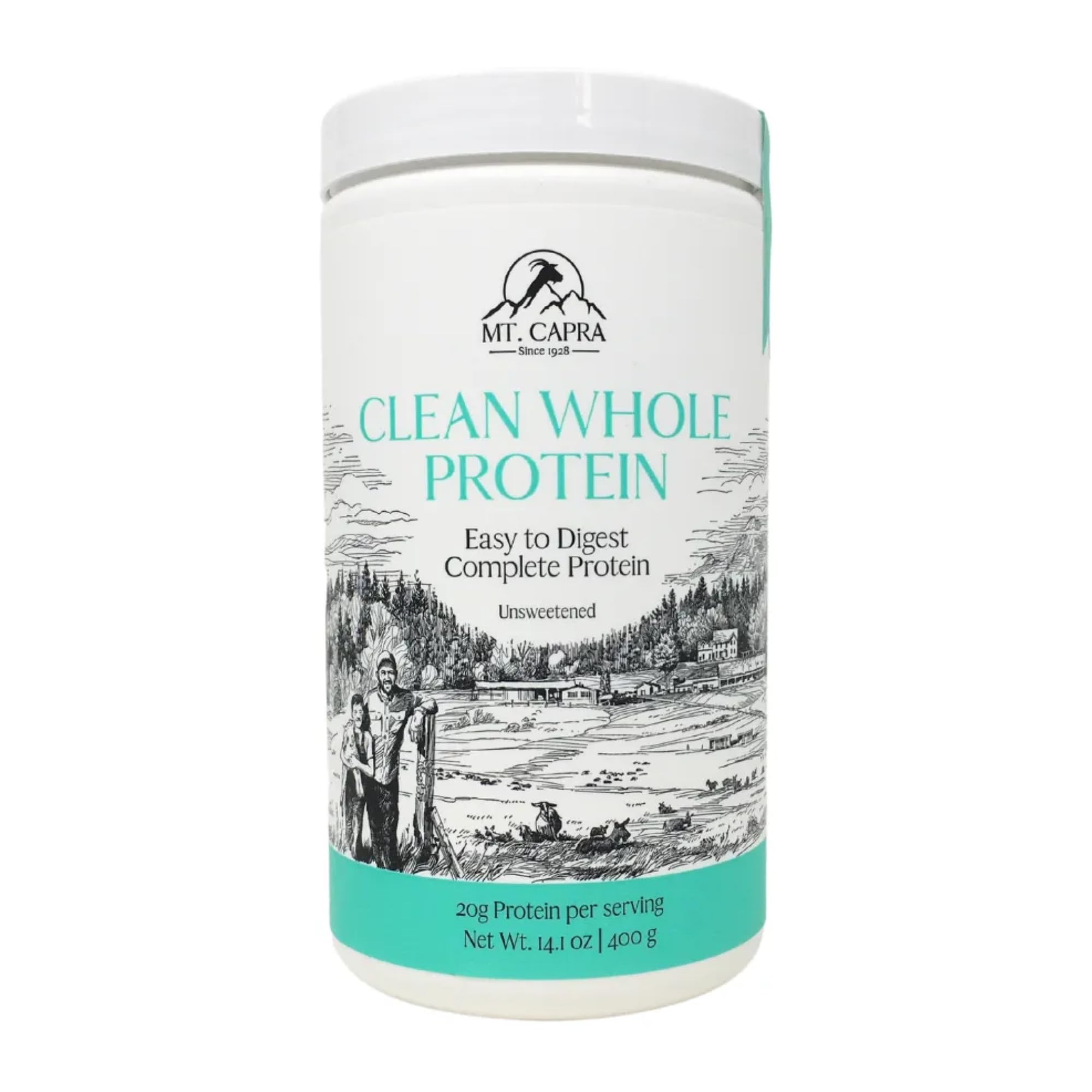 Mt Capra Clean Whole Protein bottle on counter highlights grass-fed goat protein