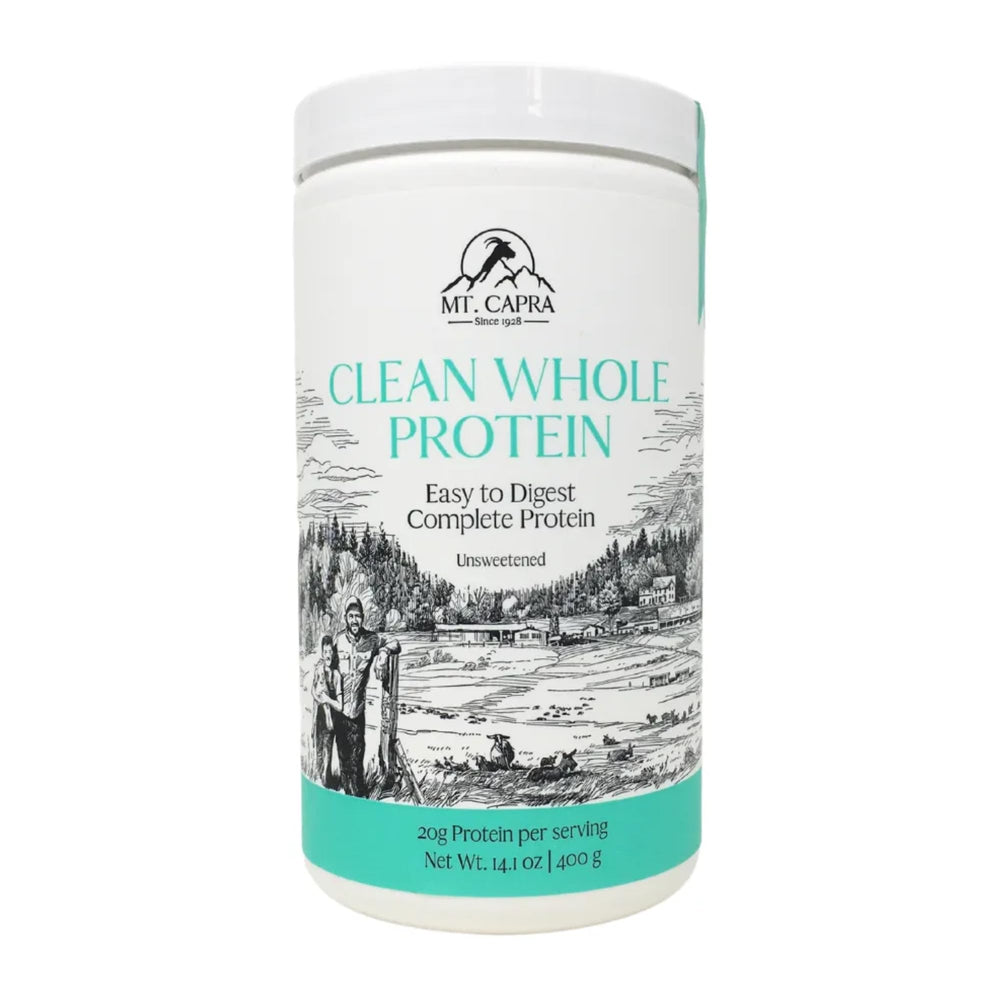 Mt Capra Clean Whole Protein bottle on counter highlights grass-fed goat protein