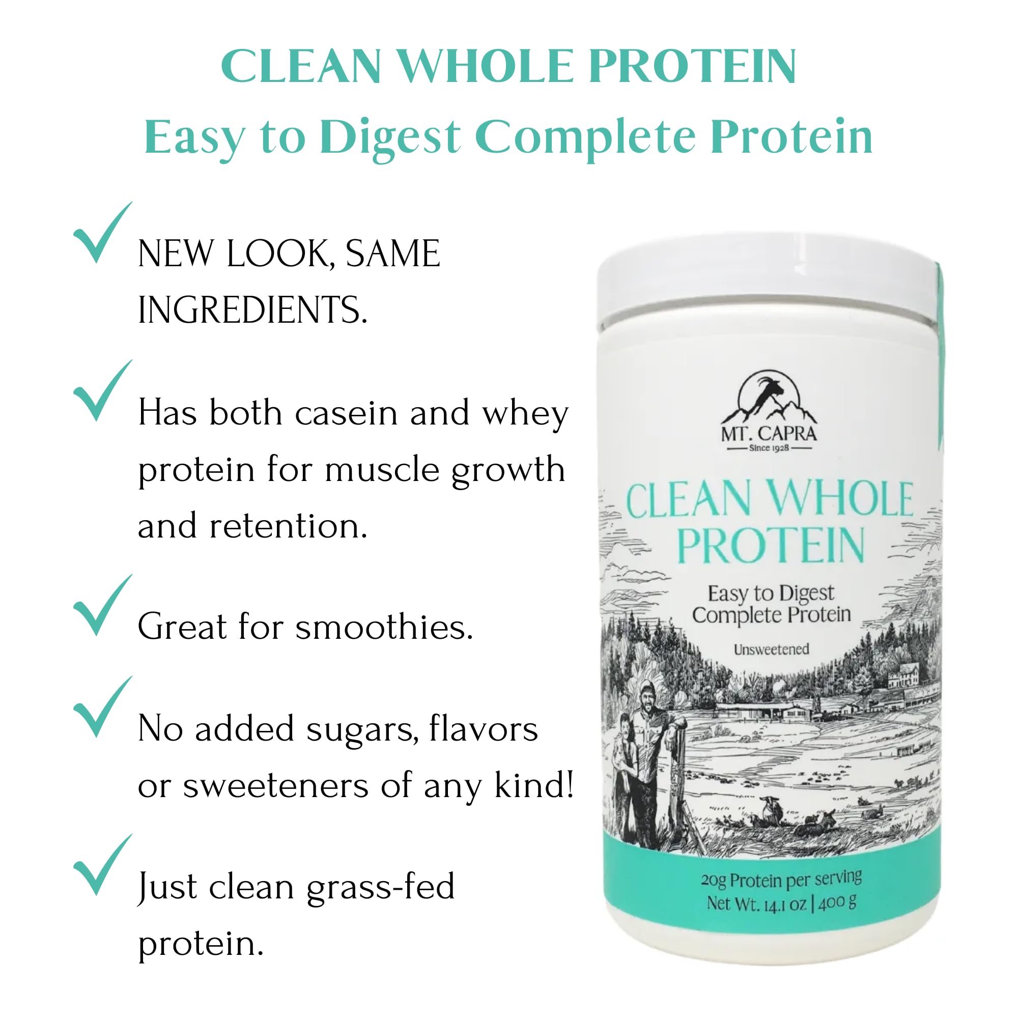 Mt Capra label close-up notes 80 percent casein and 20 percent whey
