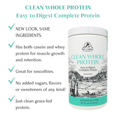 Mt Capra label close-up notes 80 percent casein and 20 percent whey