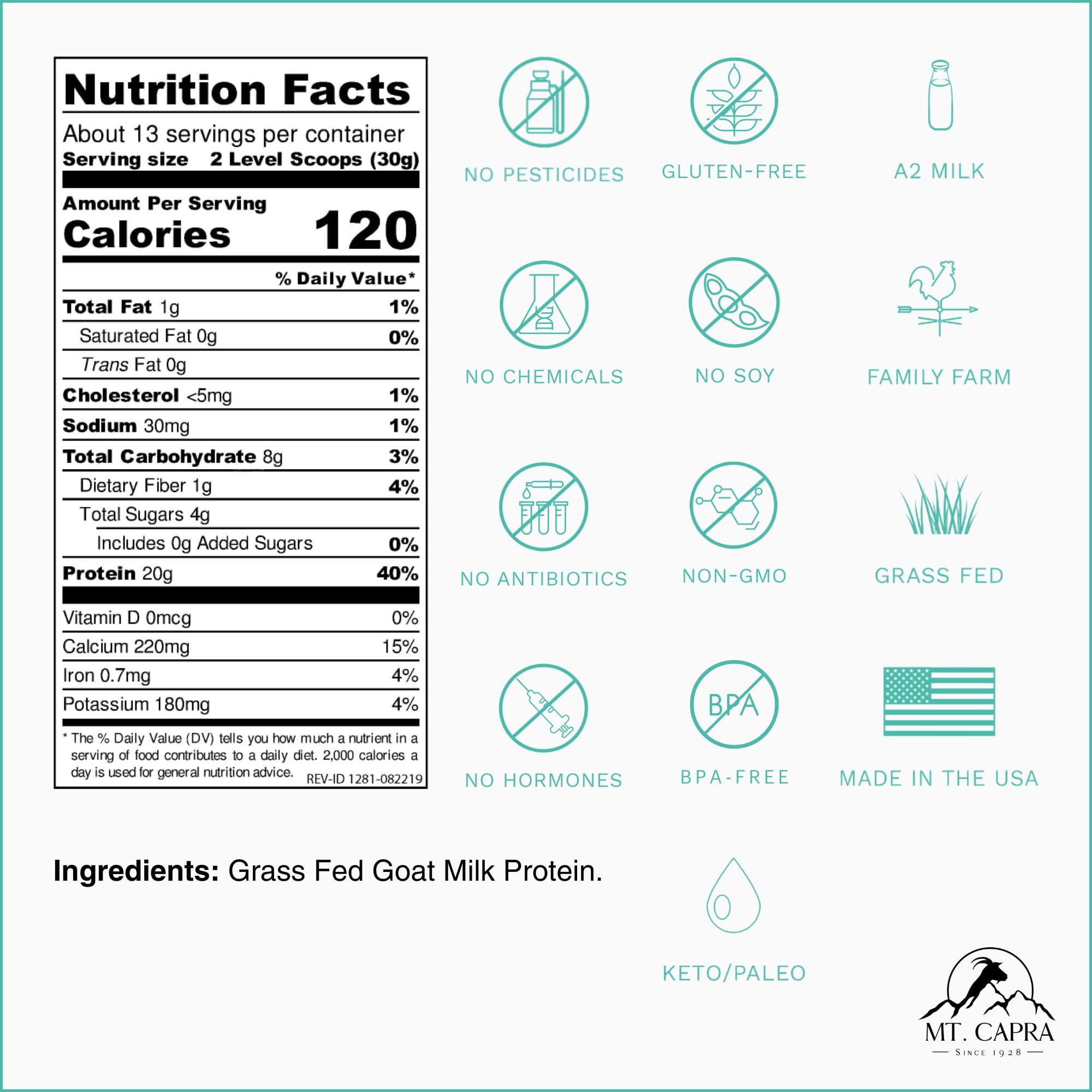 Mt Capra Clean Whole Protein scoop beside bottle shows 20 g serving potential