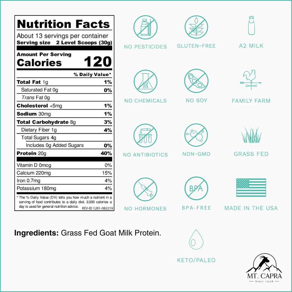 Mt Capra Clean Whole Protein scoop beside bottle shows 20 g serving potential