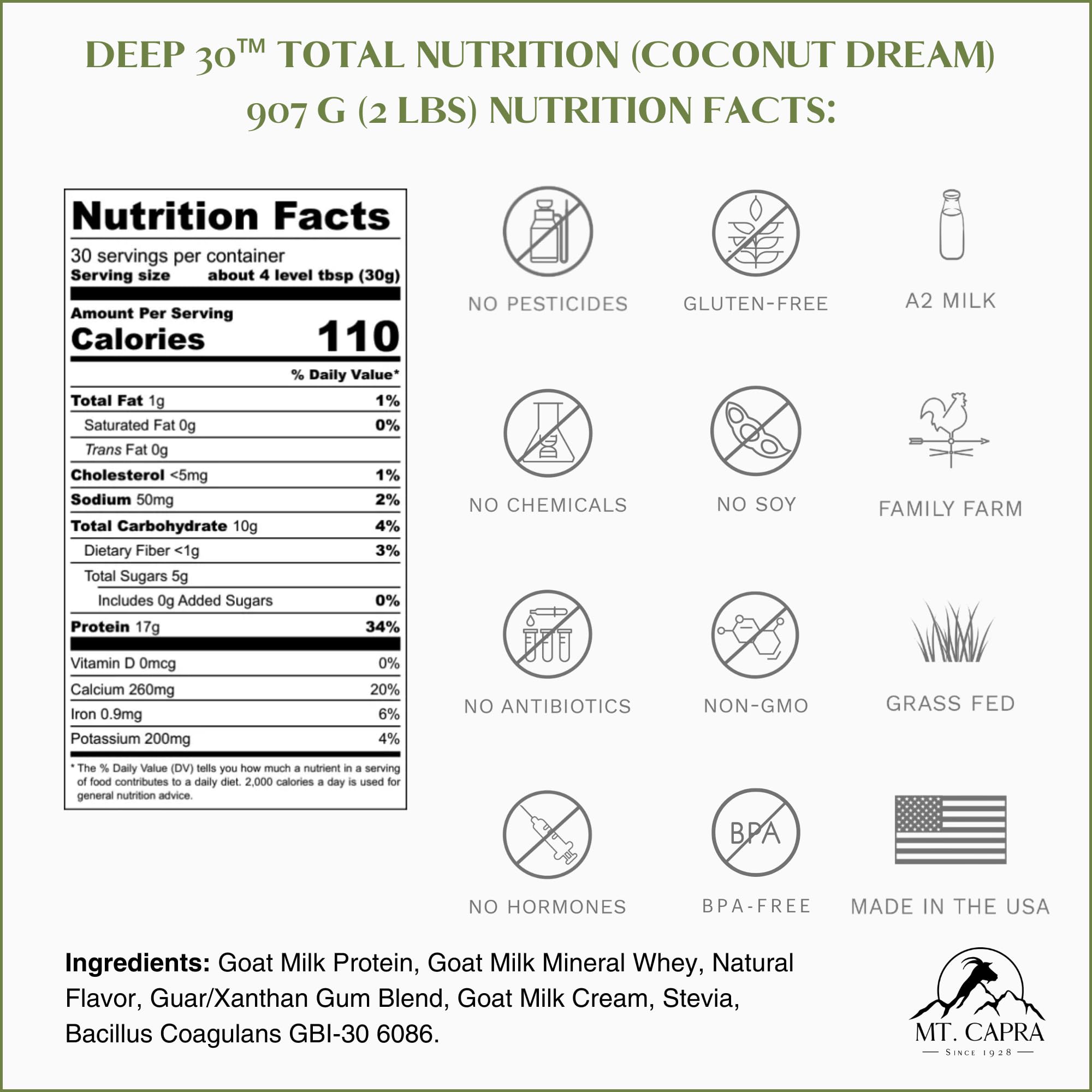 Mt Capra Deep 30 goat milk powder shows a complete protein source.
