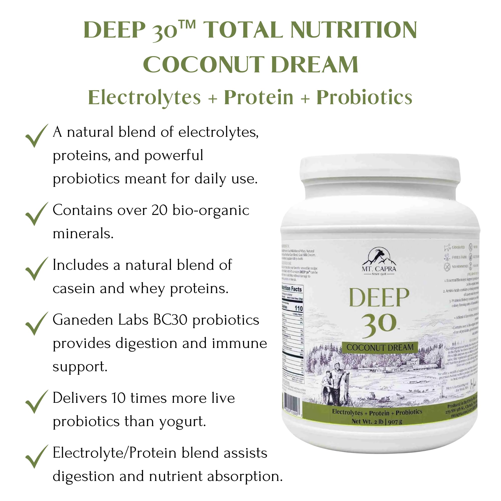 Mt Capra Deep 30 whey and casein blend for smooth protein texture.