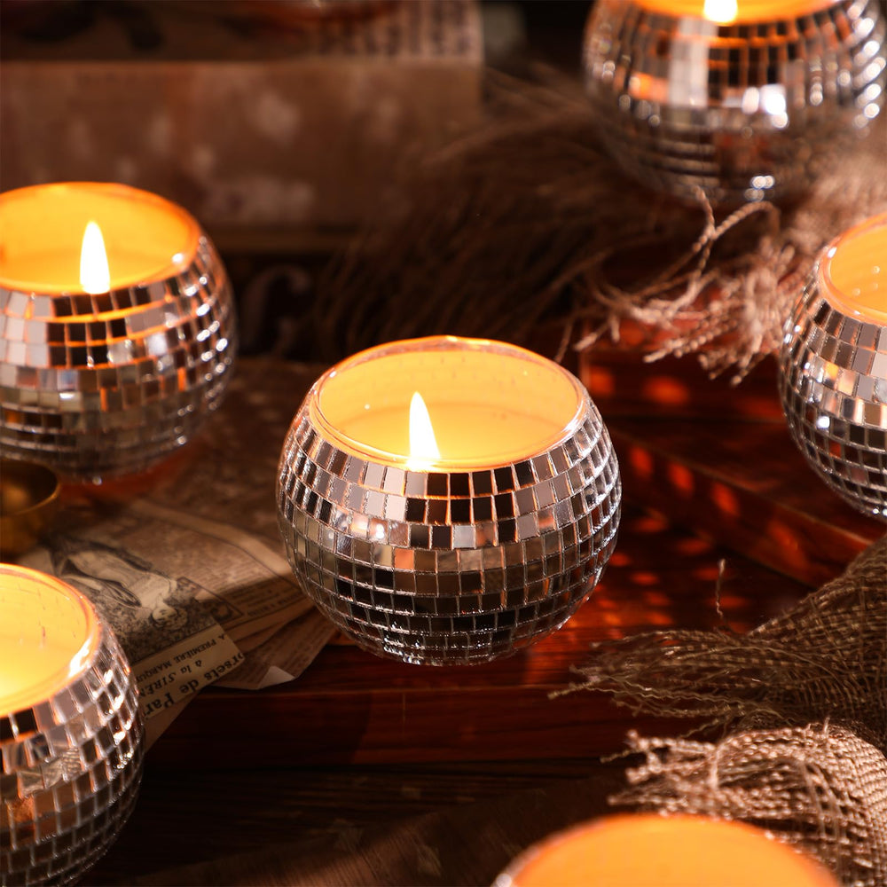MTLEE glass votive disco ball candle adds decorative glow and aroma.