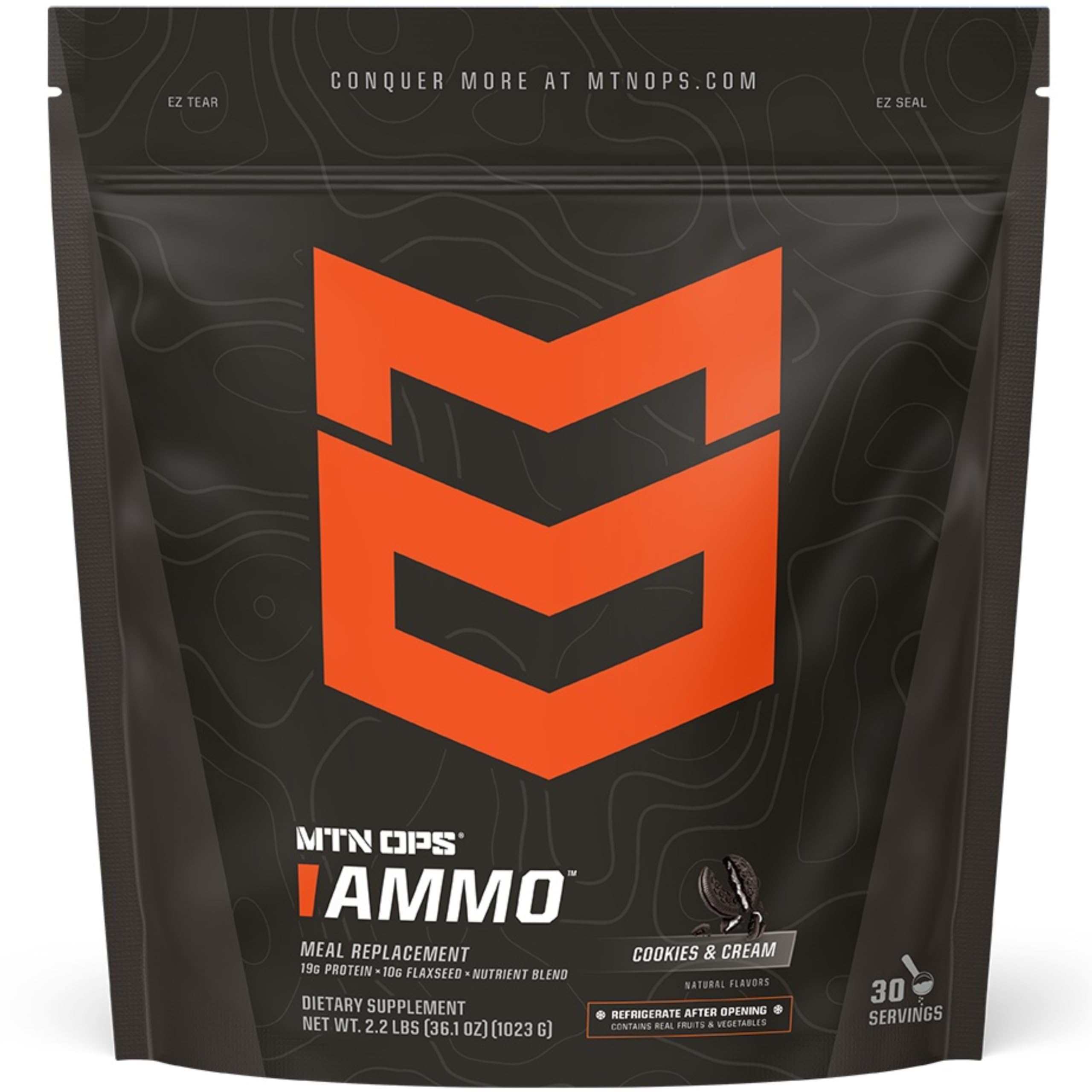 MTN OPS Ammo Cookies & Cream shake in a tub, rich protein for daily fueling