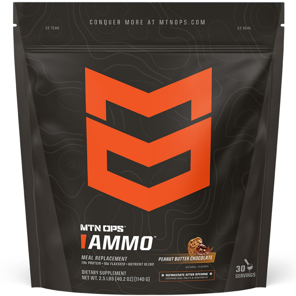 MTN OPS Ammo Meal Shake tub highlighting high protein and real ingredients for daily fueling.