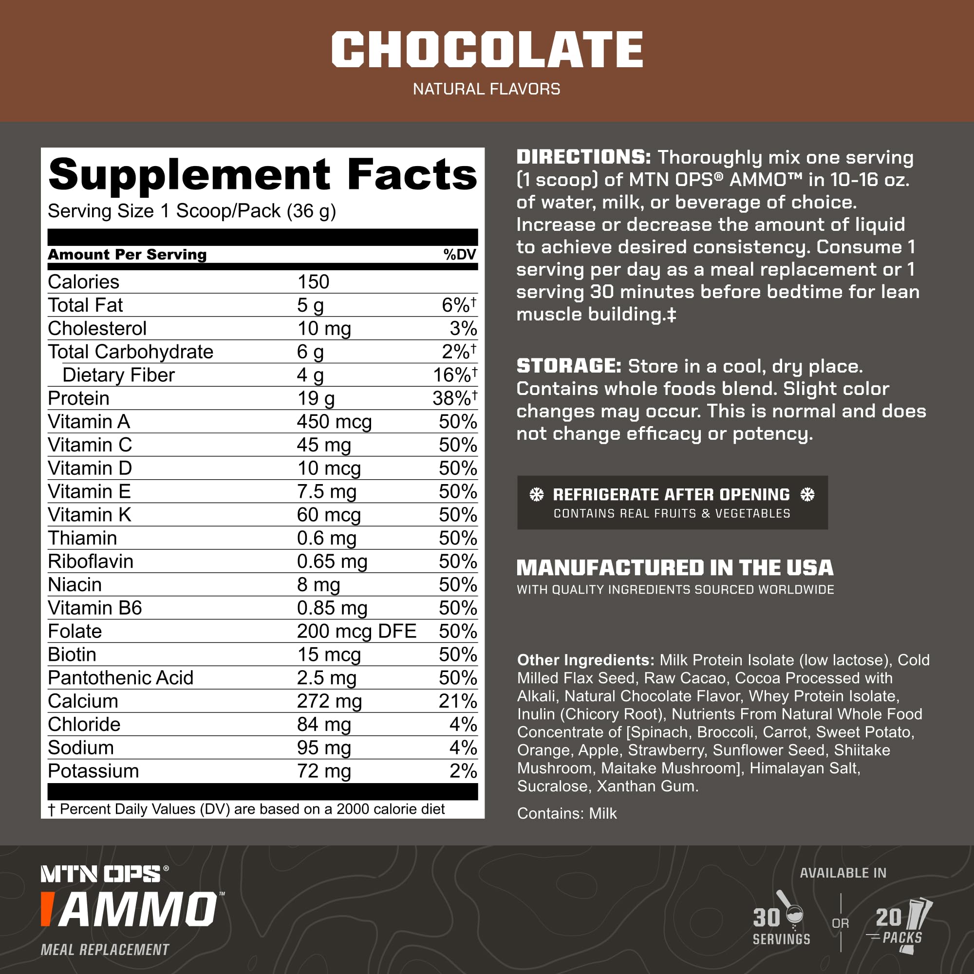 MTN OPS Ammo Protein Scoop close-up highlighting 19g protein per serving