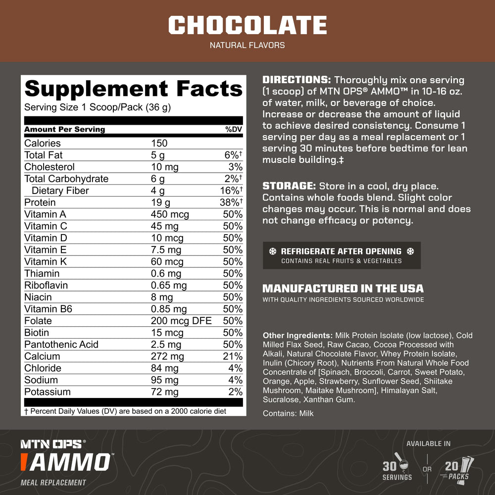 MTN OPS Ammo Protein Scoop close-up highlighting 19g protein per serving