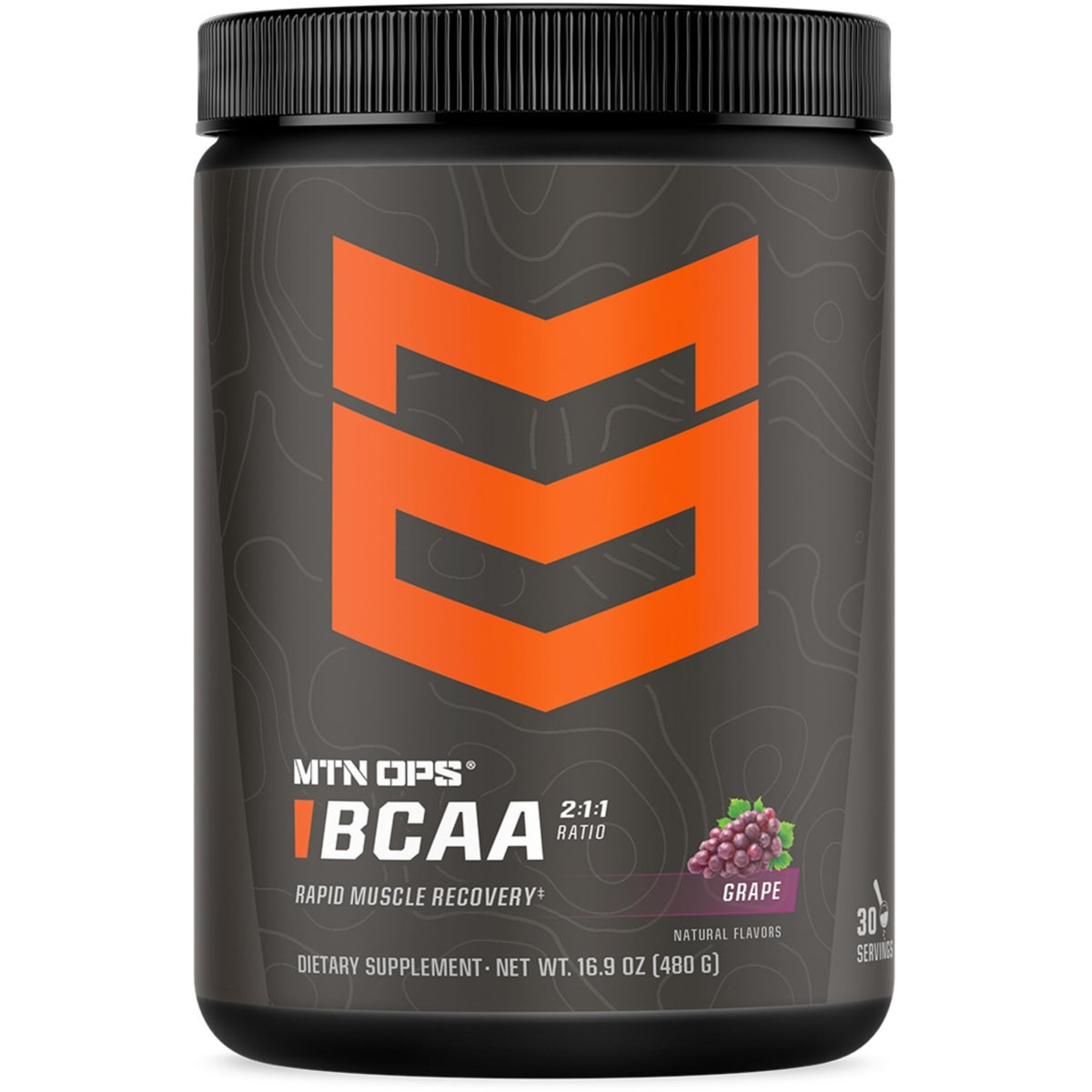 MTN OPS BCAA powder tub front shows gluten-free, sugar-free formula.