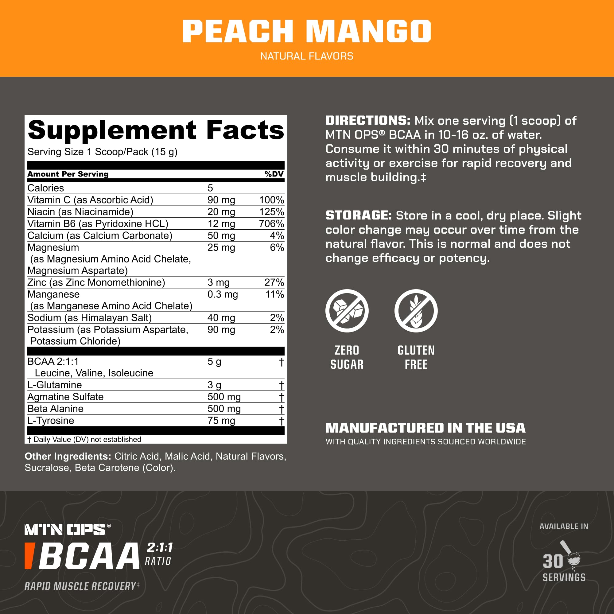 MTN OPS BCAA scoop beside peach mango powder for precise serving.