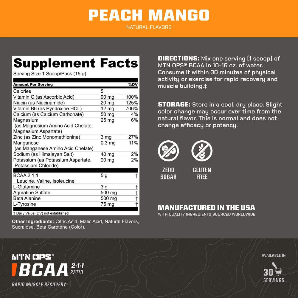 MTN OPS BCAA scoop beside peach mango powder for precise serving.