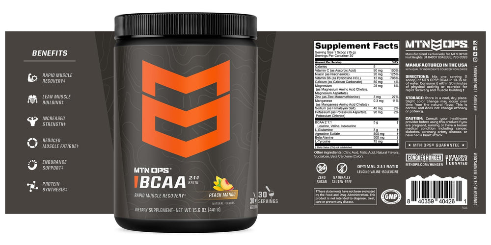 MTN OPS BCAA peach mango drink after mixing offers tasty recovery support.