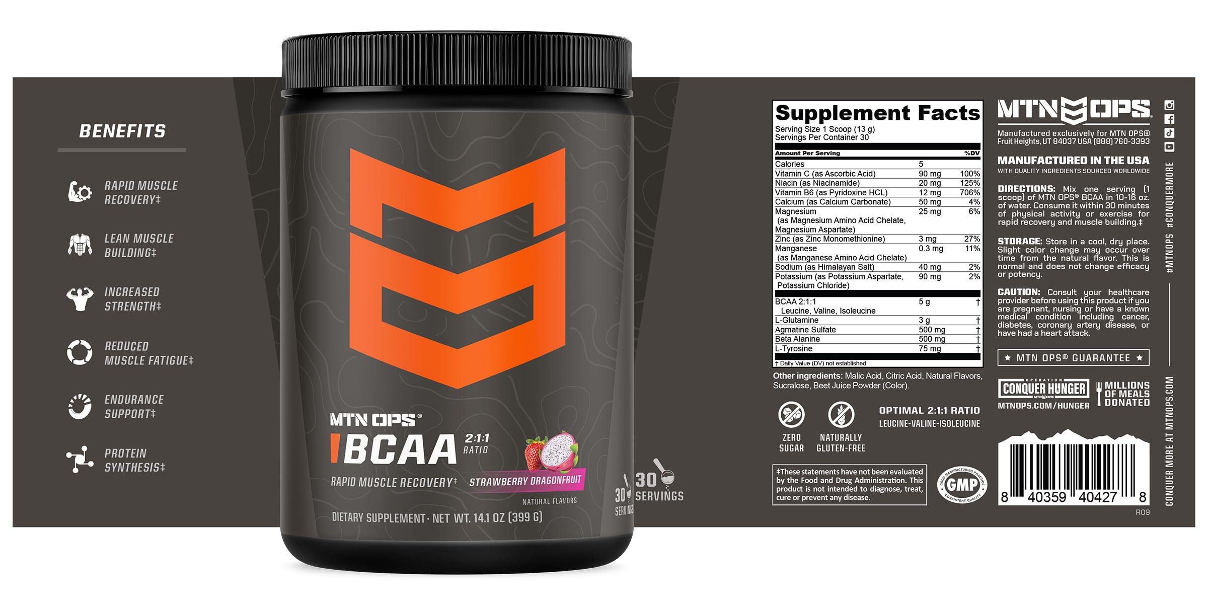 MTN OPS BCAA powder 2:1:1 ratio graphic on packaging.