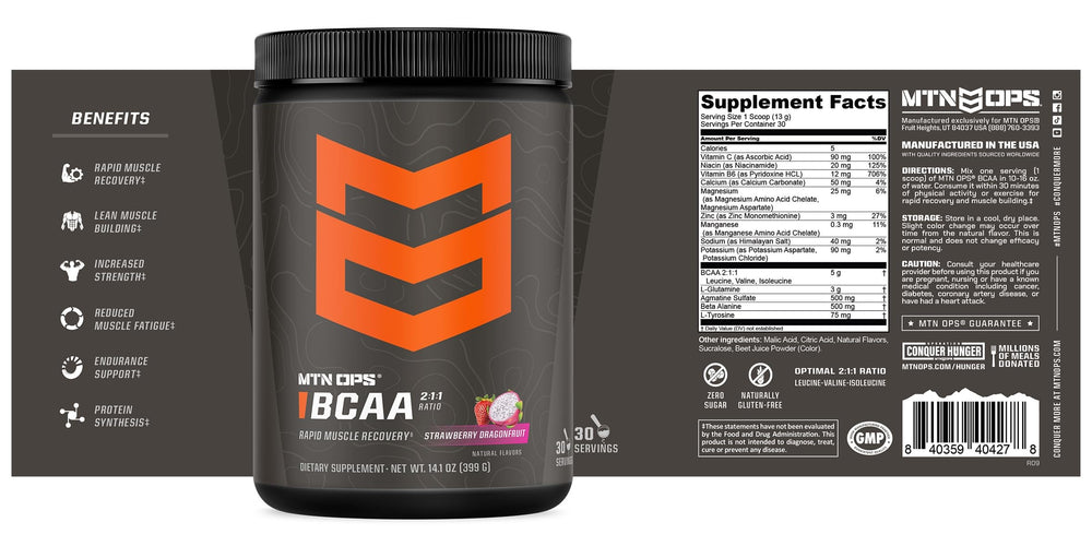 MTN OPS BCAA powder 2:1:1 ratio graphic on packaging.