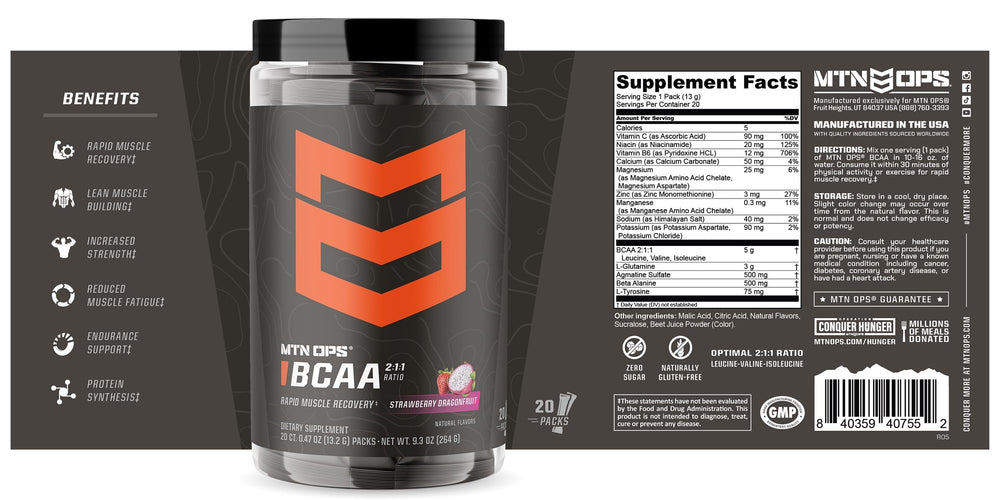 MTN OPS BCAA Powder 20 servings trail packs for ongoing use.