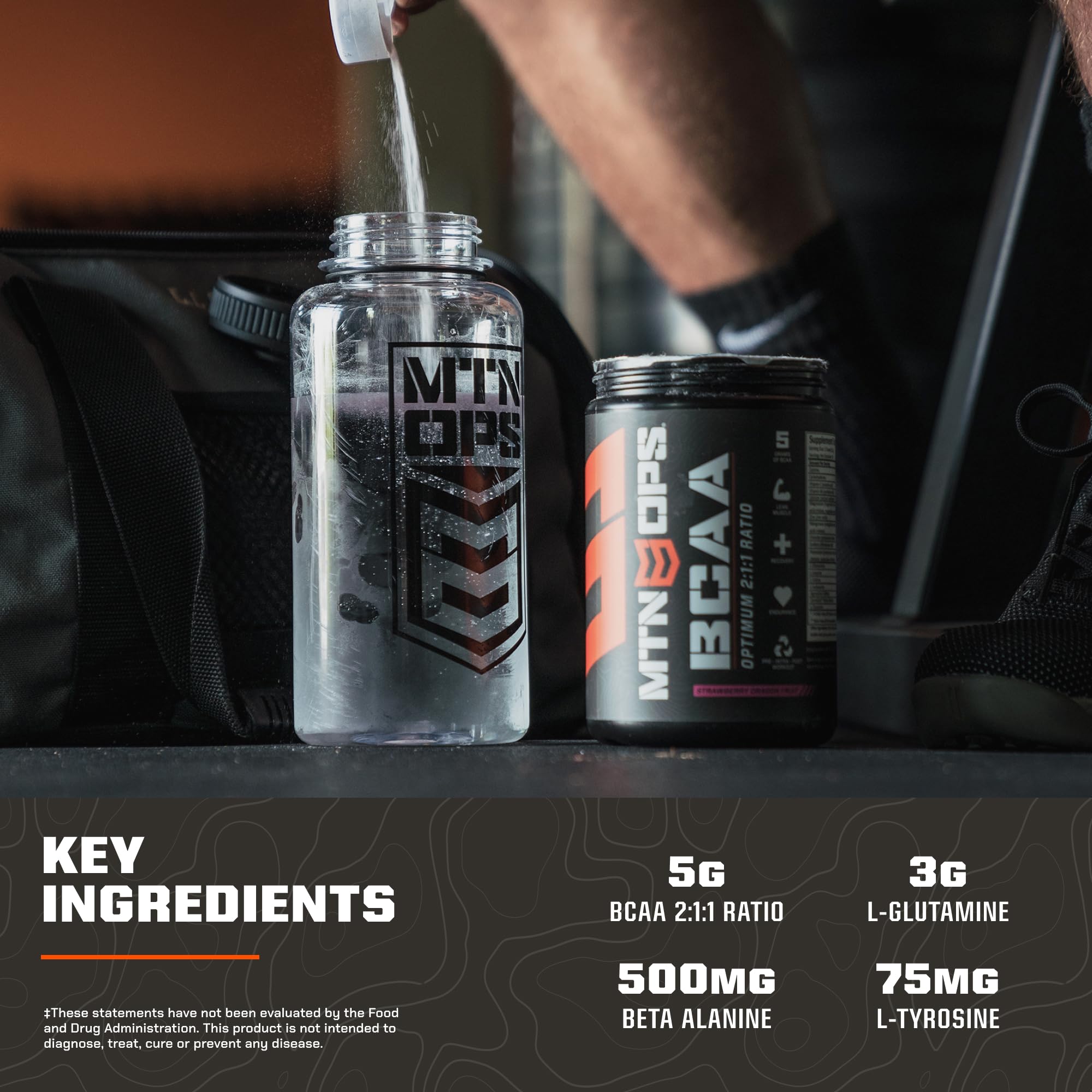 MTN OPS BCAA powder glass with water ready to drink.