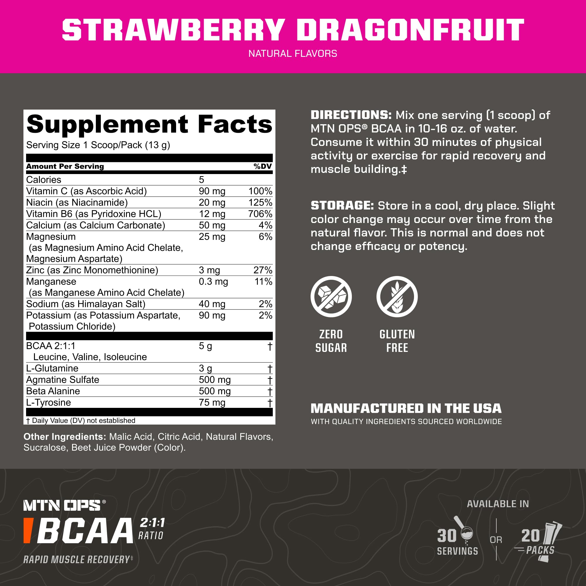 MTN OPS BCAA Powder gluten-free formula for daily supplementation.