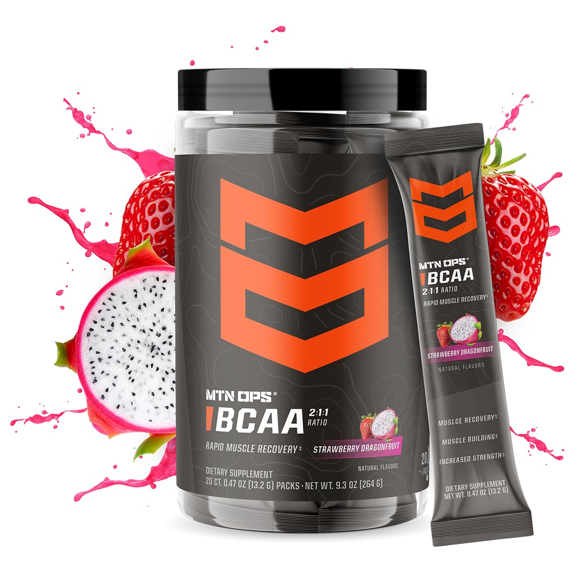 MTN OPS BCAA Powder strawberry dragonfruit flavor for training taste.