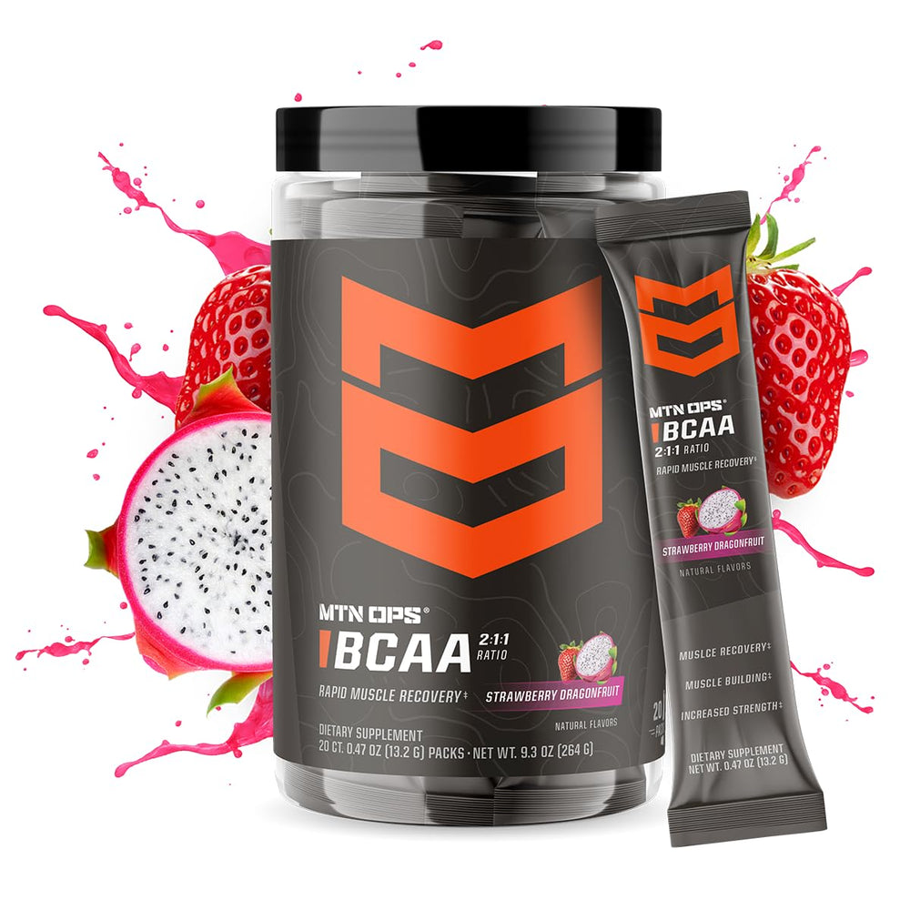 MTN OPS BCAA Powder strawberry dragonfruit flavor for training taste.