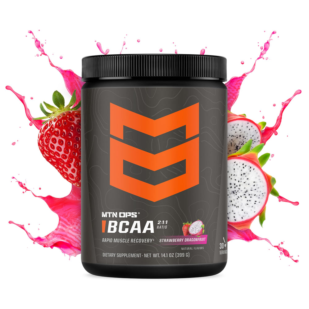 MTN OPS BCAA powder in a glass, sugar-free hydration during training.