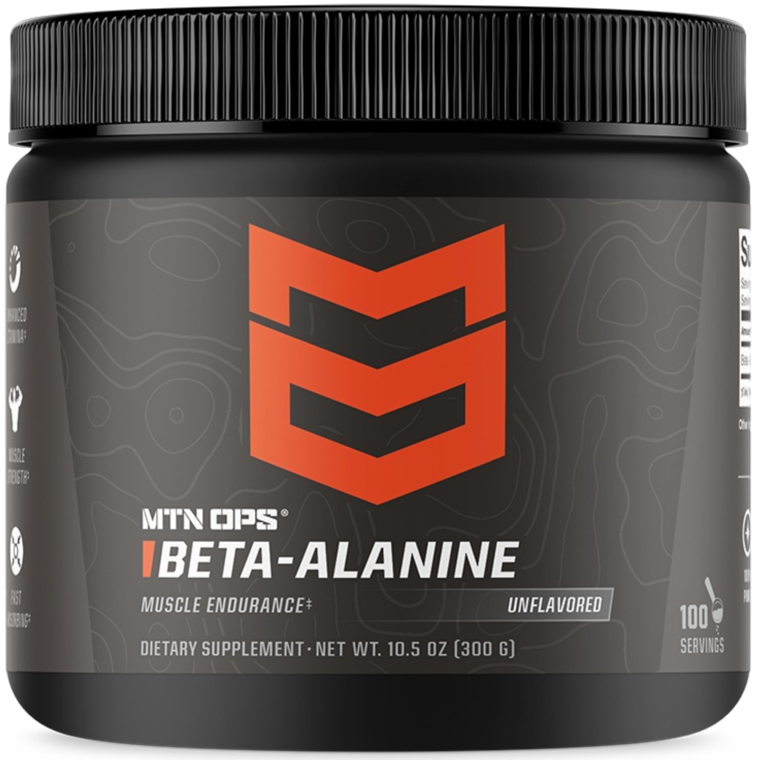 MTN OPS Beta Alanine powder in a bottle supports endurance during hard workouts