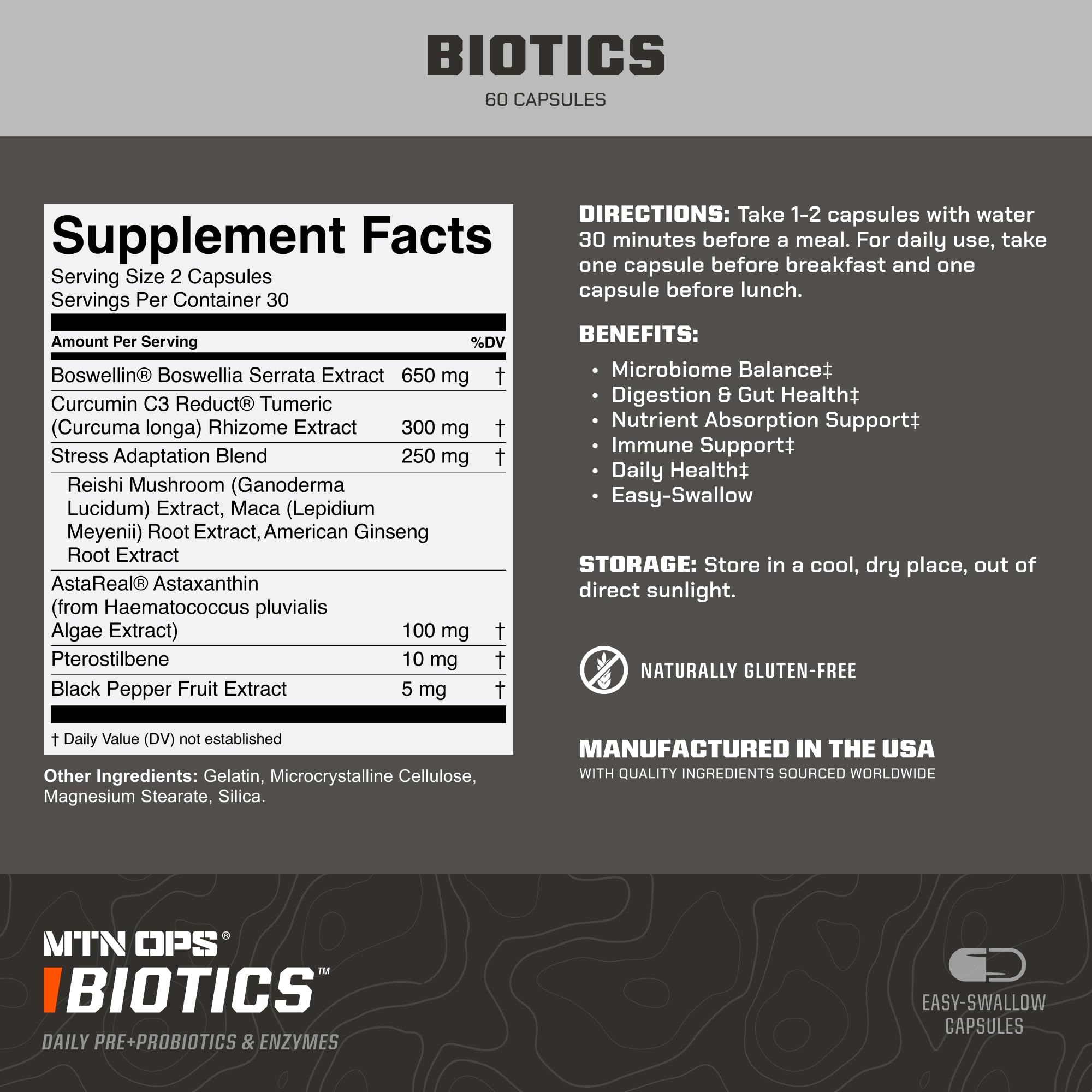 MTN OPS Biotics capsules close-up highlighting easy daily intake