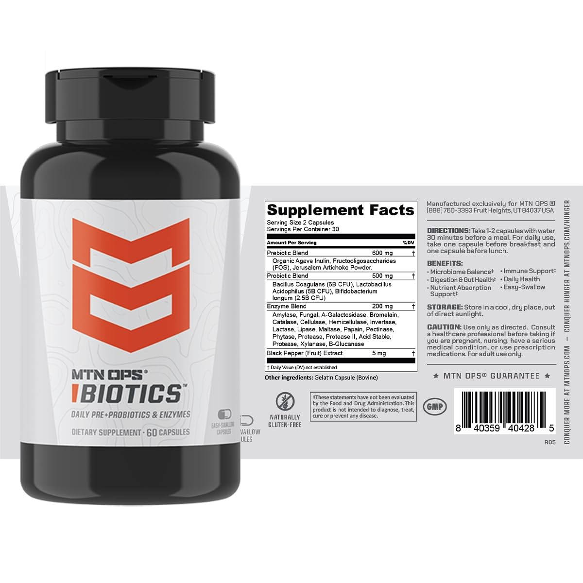 MTN OPS Biotics gluten-free capsules in bottle label