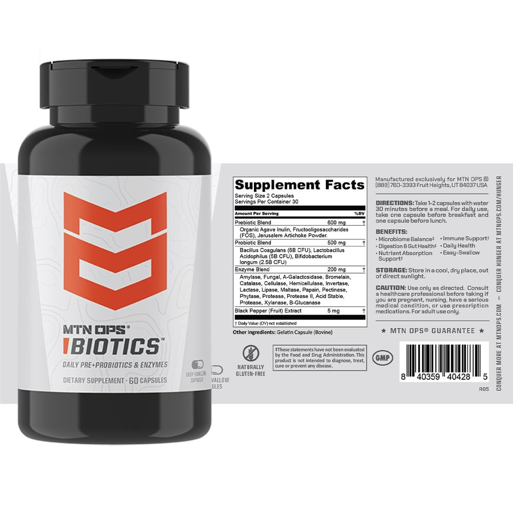 MTN OPS Biotics gluten-free capsules in bottle label