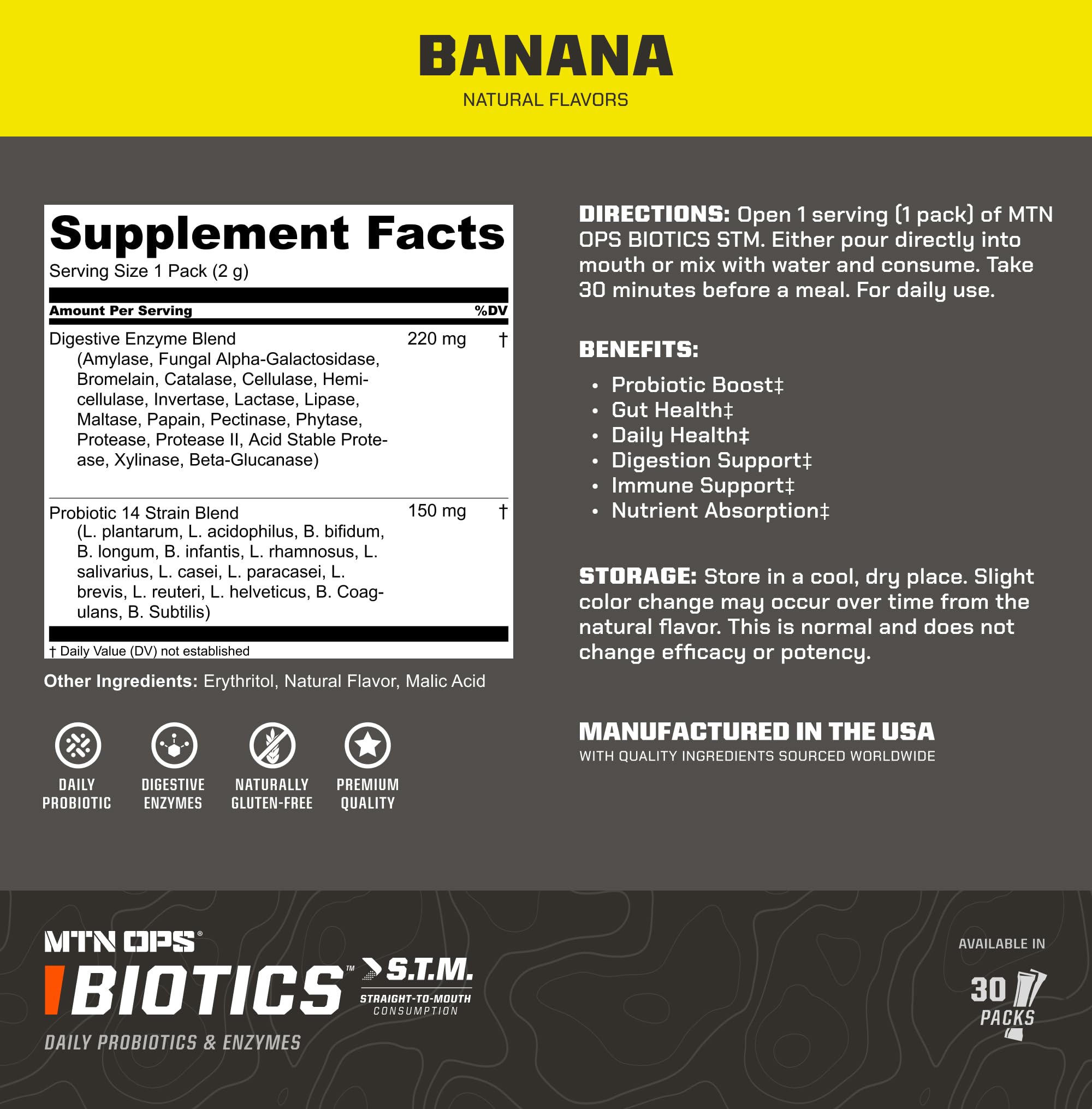MTN OPS Biotics STM banana flavor label on clean packaging for tasty variety