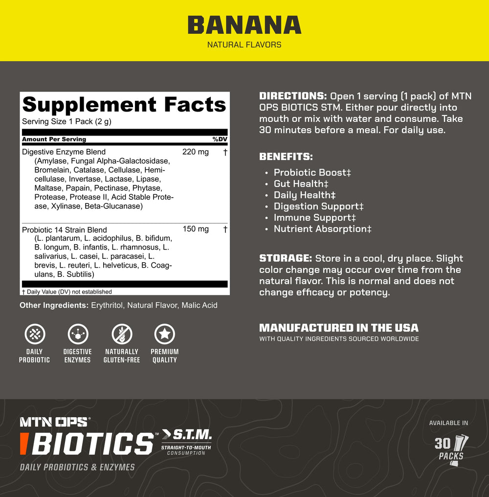 MTN OPS Biotics STM banana flavor label on clean packaging for tasty variety