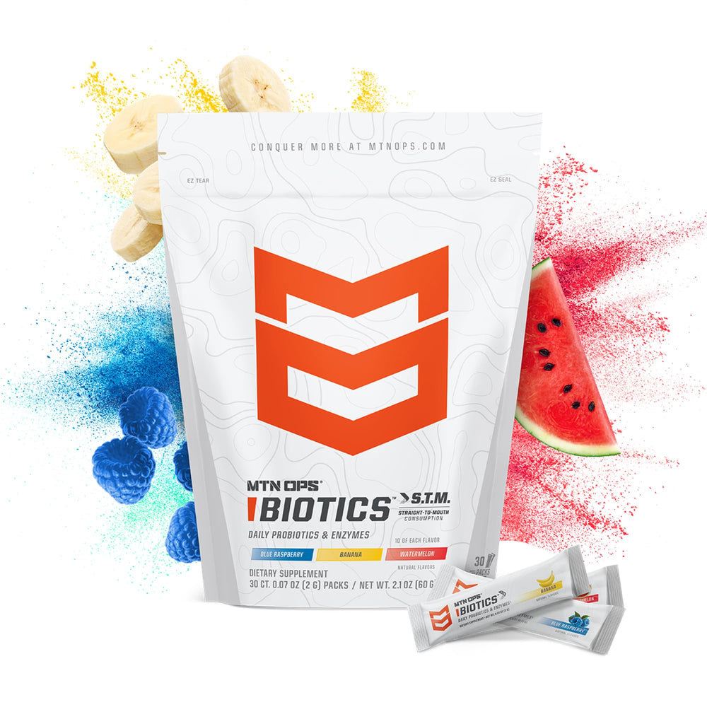 MTN OPS Biotics STM bottle back panel detailing gluten-free formula and immune-friendly wellness
