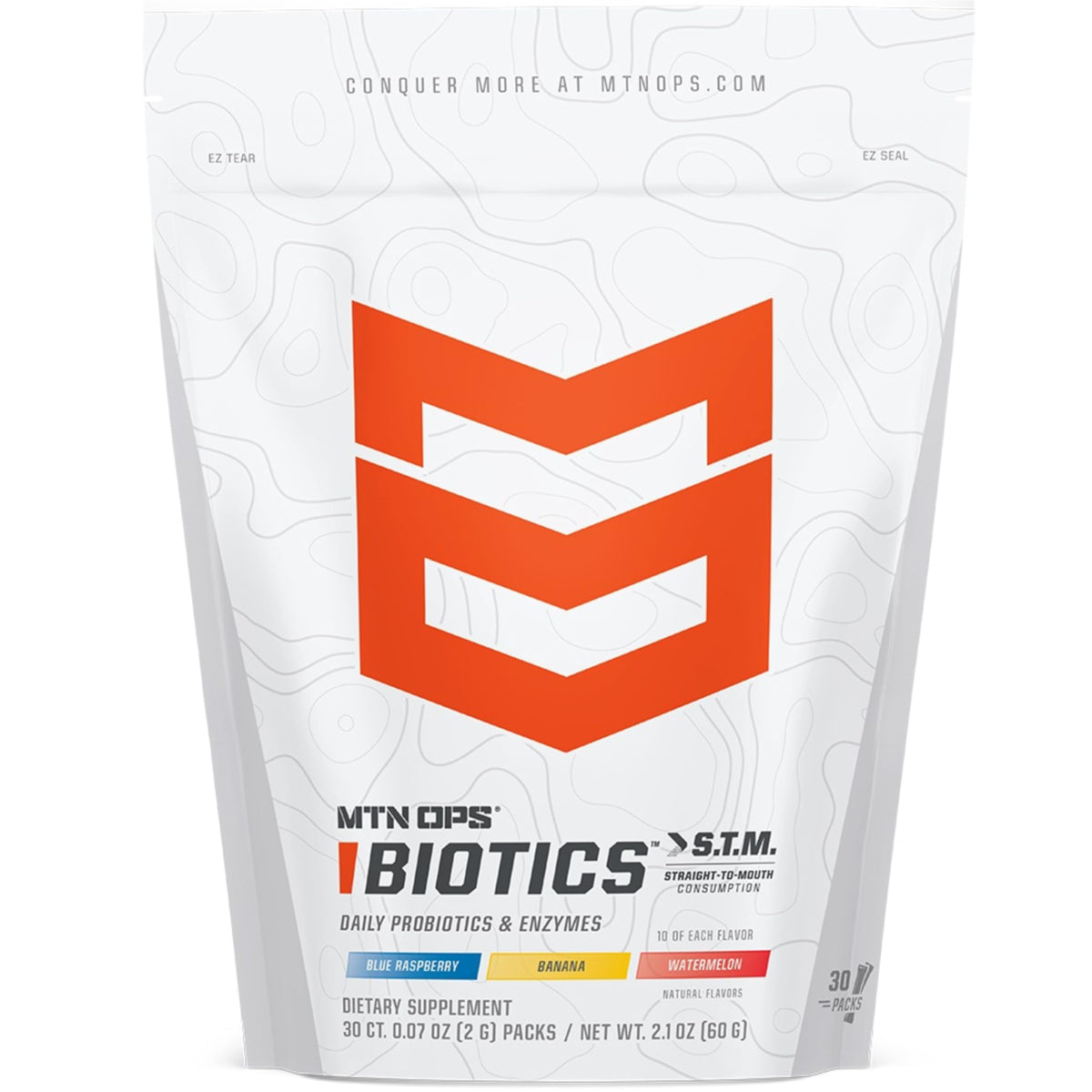 MTN OPS Biotics STM bottle front view highlighting a sugar-free probiotic for digestion support