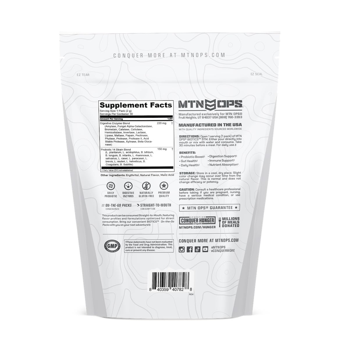 MTN OPS Biotics STM serving-count badge on label indicating 30 servings