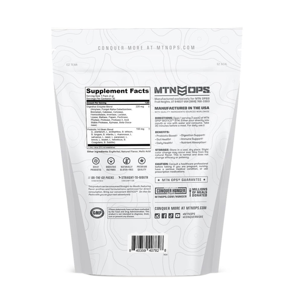 MTN OPS Biotics STM serving-count badge on label indicating 30 servings