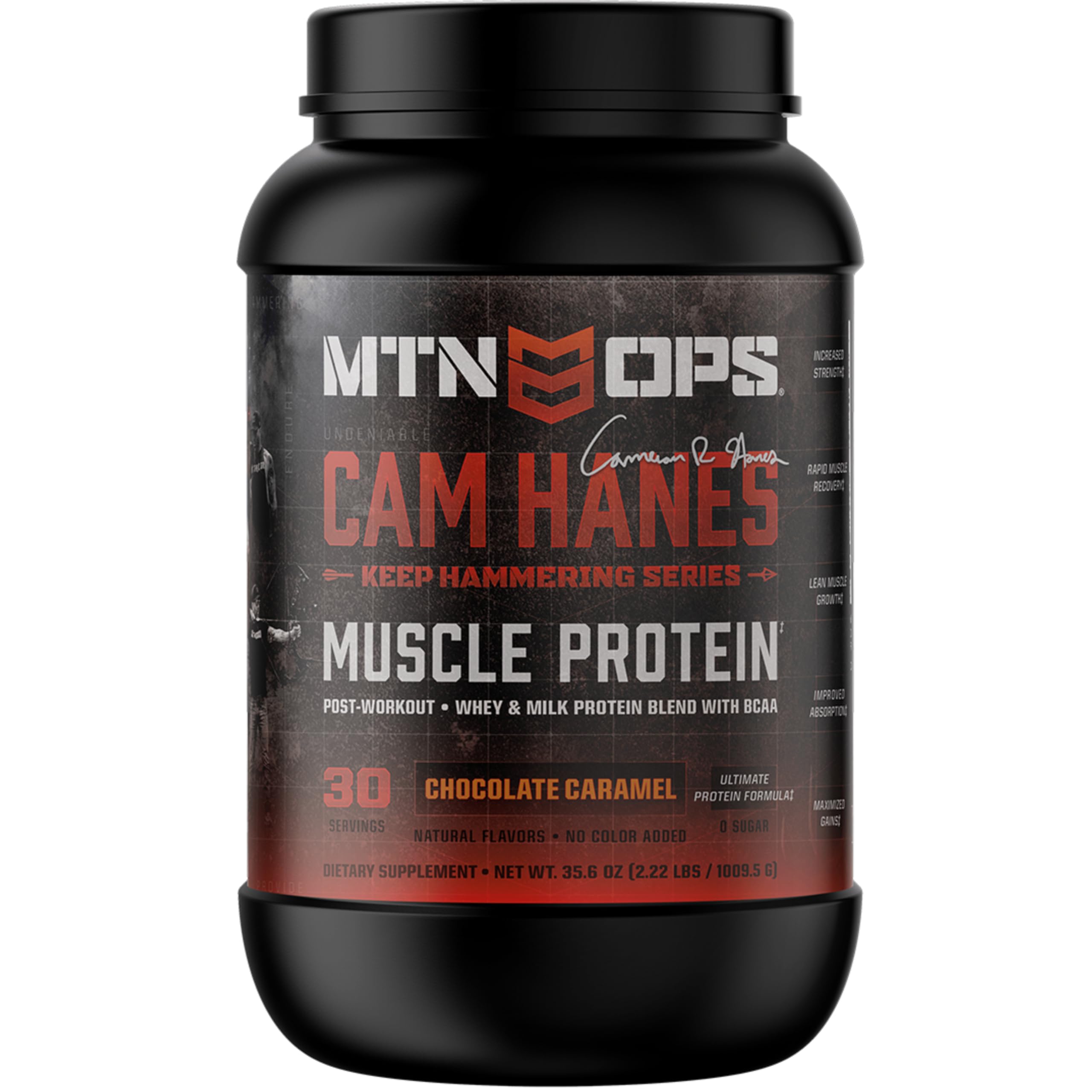 MTN OPS Keep Hammering whey powder tub in chocolate caramel for post-workout recovery