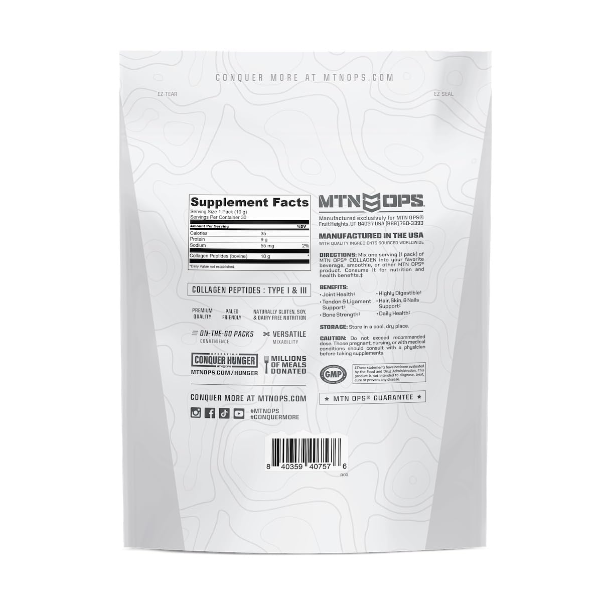 MTN OPS collagen on-the-go pack provides 9 grams of protein per serving