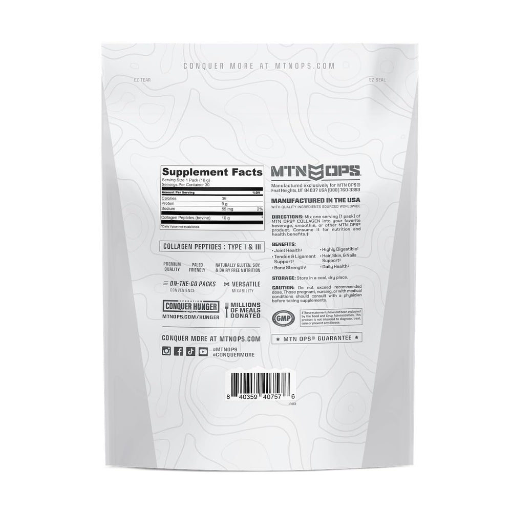 MTN OPS collagen on-the-go pack provides 9 grams of protein per serving