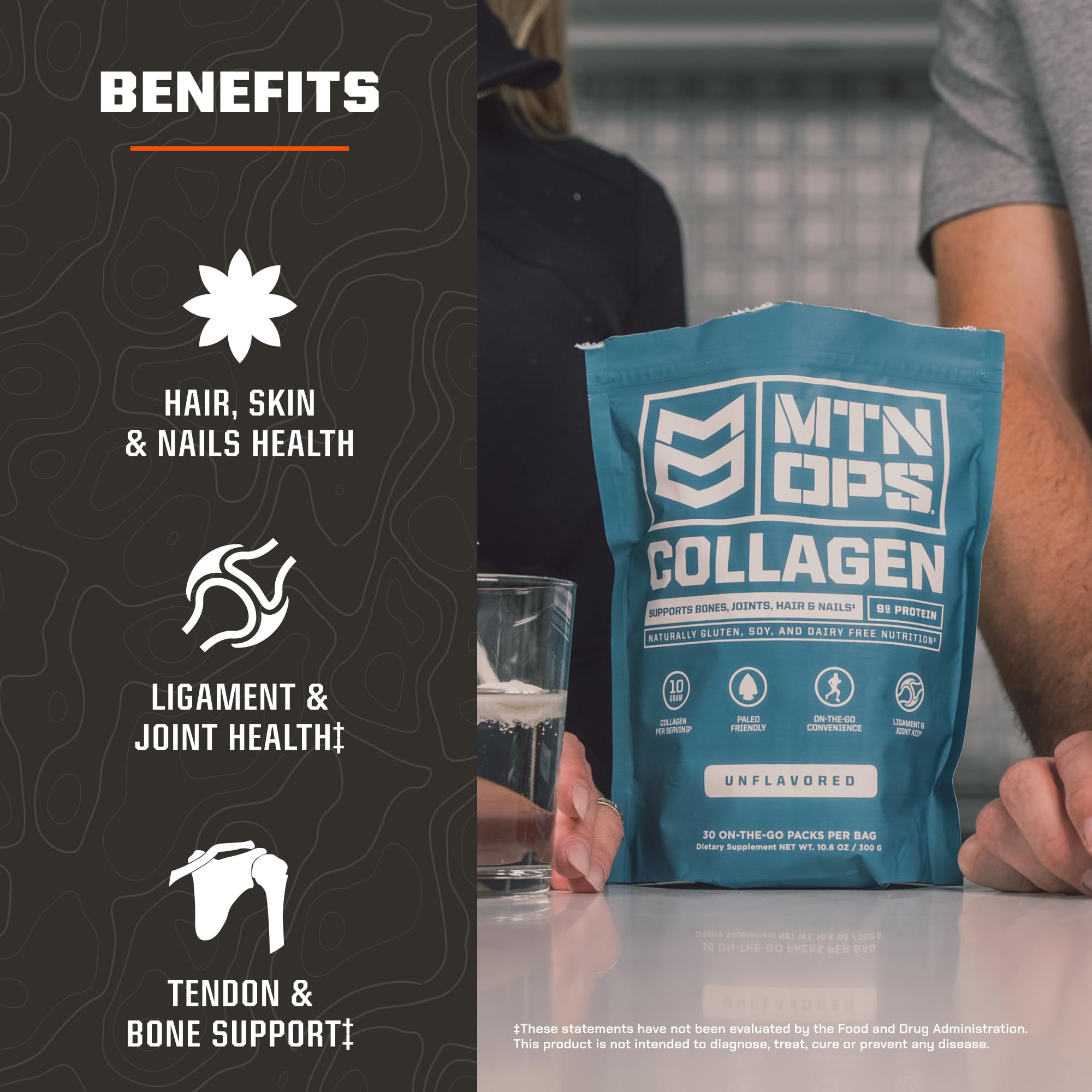 MTN OPS collagen on-the-go pack label close-up with nutrition information