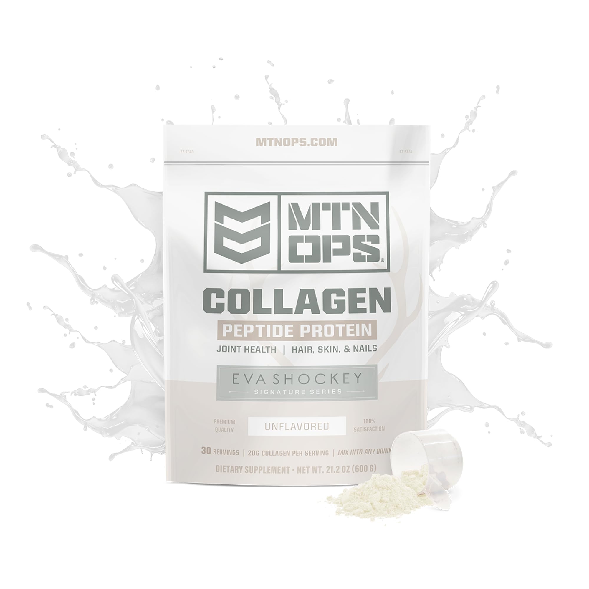 MTN OPS Collagen Peptide scoop shows convenient 20 g serving.