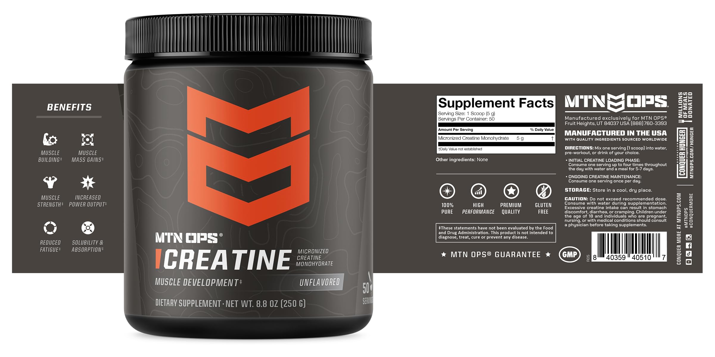 MTN OPS Micronized Creatine packaging showcasing additive-free formula.