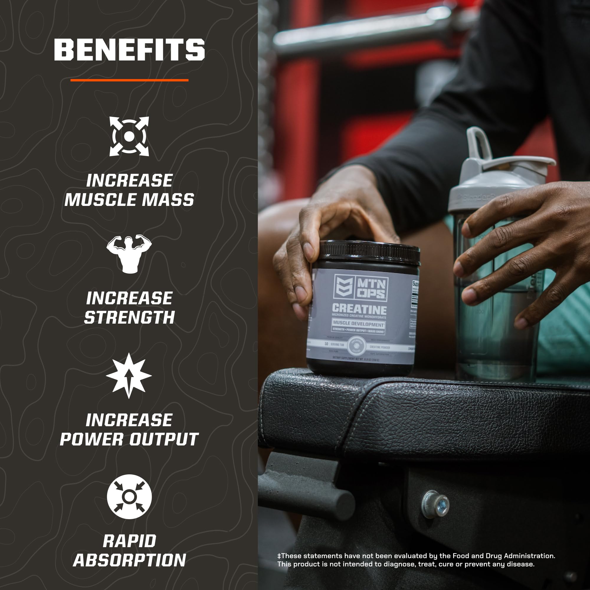 MTN OPS Creatine label close-up highlighting gluten-free and sugar-free formula.