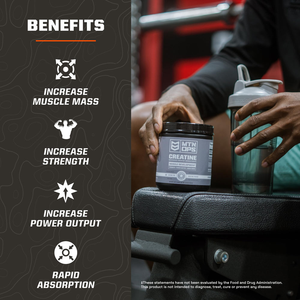 MTN OPS Creatine label close-up highlighting gluten-free and sugar-free formula.