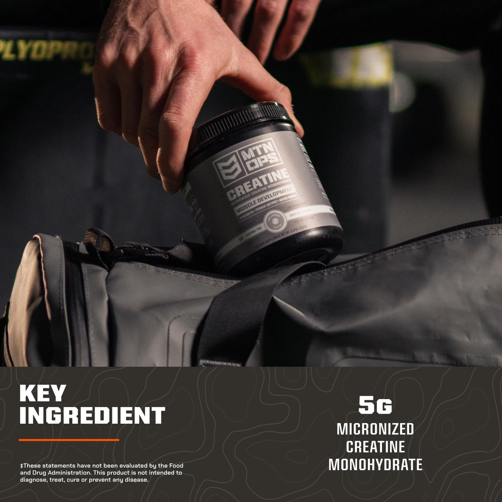 MTN OPS Creatine serving on a gym bench for intense training.
