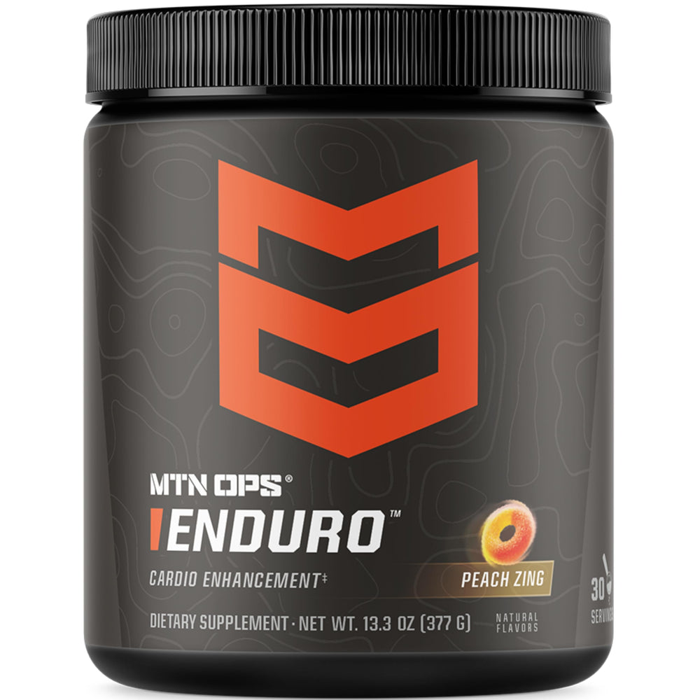MTN OPS Enduro bottle being poured, highlighting non-stim energy support for workouts.